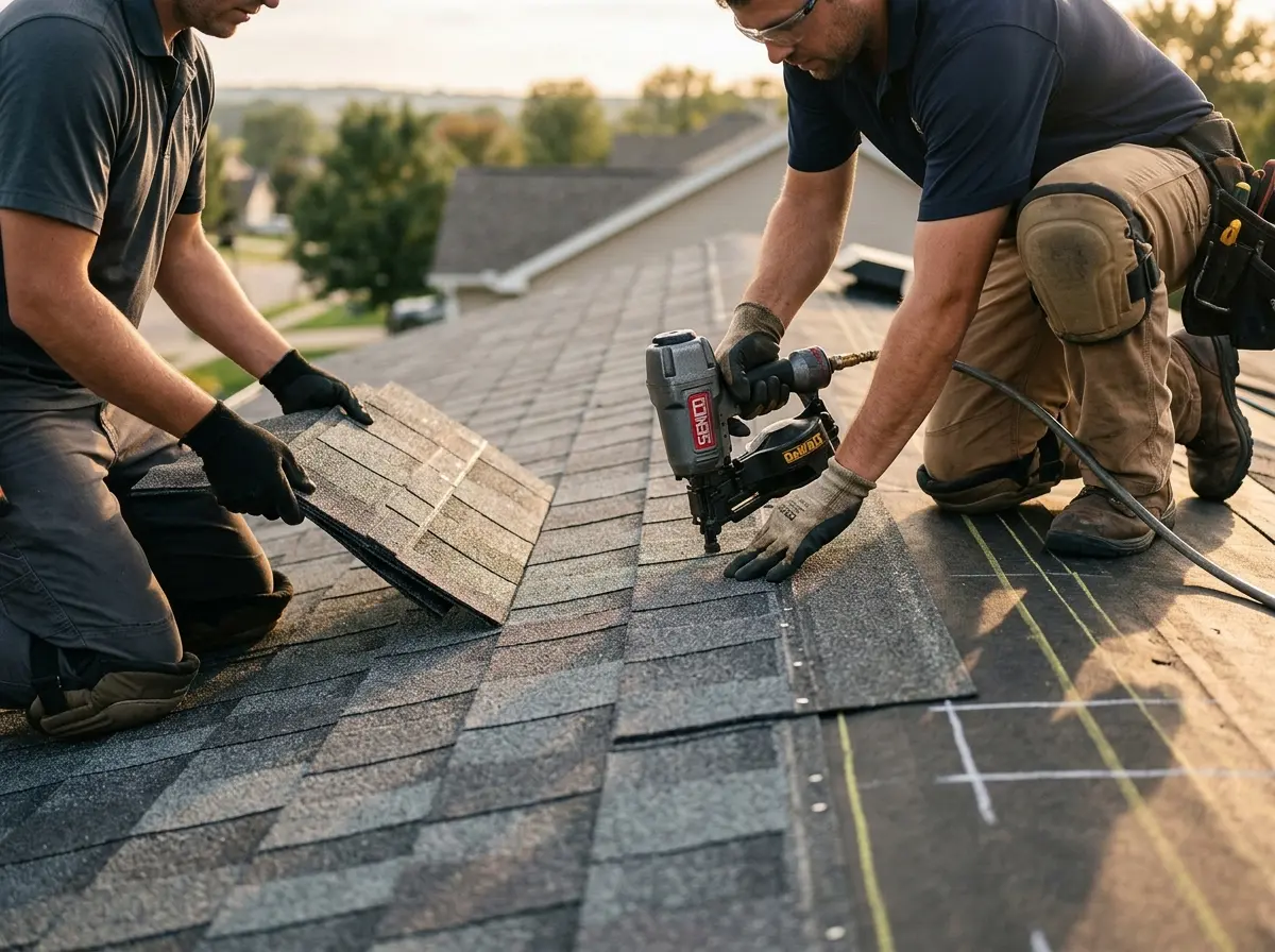 Professional roofer working on a residential roof in Cedar Rapids